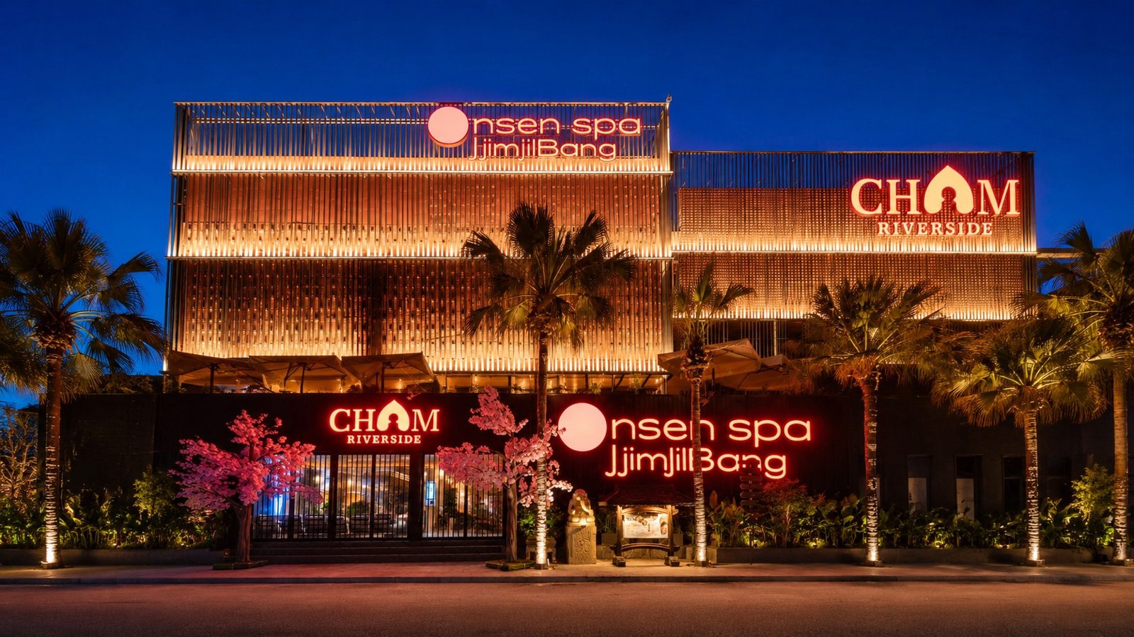 Cham Riverside lit up at night